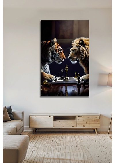 Modern Satranç Ustaları Kaplan Vs Aslan Dekoratif Cam Tablo Hayvan Figürlü Dekoratif Duvar Tablosu, Salon, Ofis Ve Çalışma Alanı Dekoru,