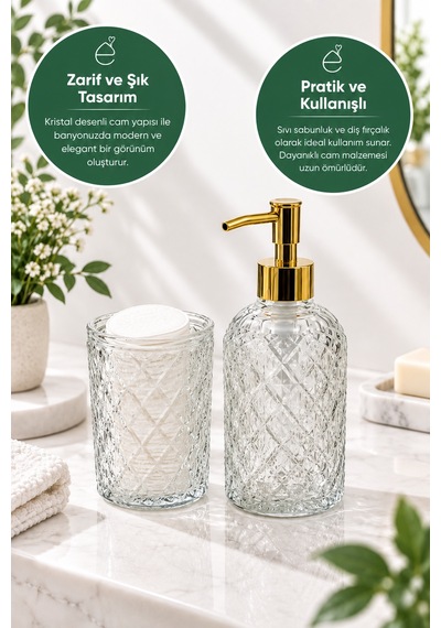 Evonıta 2 Li Kristal Desenli Cam Banyo Seti Altın Pompalı Sıvı Sabunluk Ve Diş Fırçalık Organizer Renkli