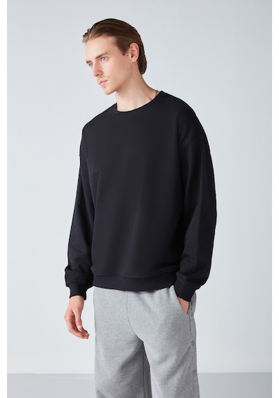 Grimelange Stephan  Erkek Yumuşacık Kışlık Kumaşlı 3 Iplik Organik Pamuk Örme Oversize Siyah Sweatshirt