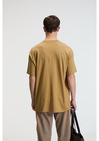 Grimelange BOLD Erkek %100 Pamuk Oversize Fit Baskılı Kısa Kollu Yuvarlak Yakalı Koyu Bej T-Shirt