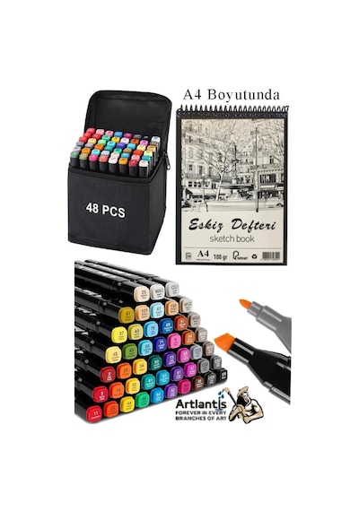 Eskiz Defteri A4 50 Yaprak 100 Gr 1 Adet 48 Renk Çift Taraflı Marker Kalem 48 Adet Touch Çift Uçlu