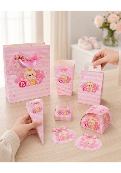 Hoşgeldin Bebeğim Hediyelik Seti, Pembe, Ayıcıklı Baby Shower&doğum Günü İkram Seti, 7 Ürün-48 Parça