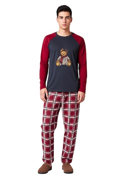 Ersefa Kadın Ayıcık Baskılı Ekose Pijama Takımı Fonksiyonel Dayanıklı Ka bordo