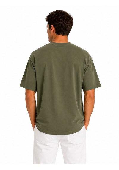 Vasto Moda Erkek Tam Oversize Kalıp Kalın Dokulu Organik Pamuk Bisiklet Ribana Yakalı Haki T-shirt Yeşil - Haki
