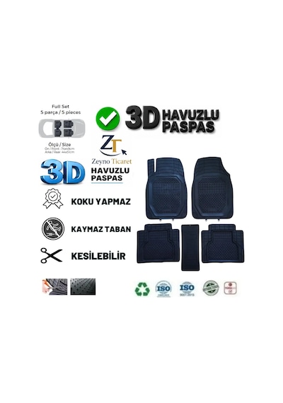 Skoda Rapid Sedan 2016 Uyumlu 3 Cm Havuzlu 5 Parça 3d Universal Oto Paspas Siyah