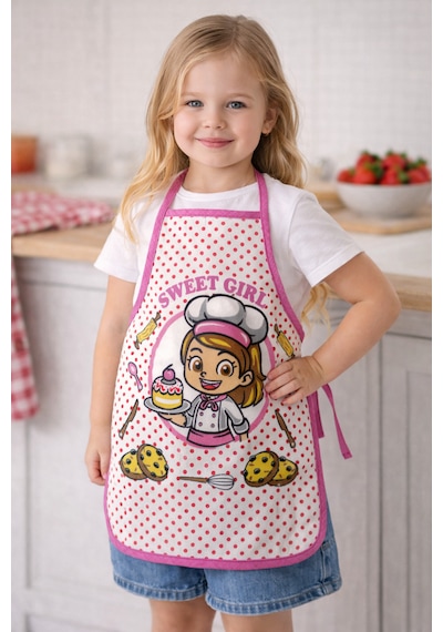3-5 Yaş Çocuk Mutfak Önlüğü 35x50 Cm Su Geçirmez, Leke Tutmaz, Pamuk Polyester Karışımlı Açık Pembe