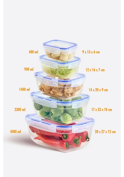 Dikdörtgen 5 Parça Contalı Vakumlu Sızdırmaz Hava Almaz Saklama Kabı Seti 4000/2300/1400/900/400 Ml Şeffaf