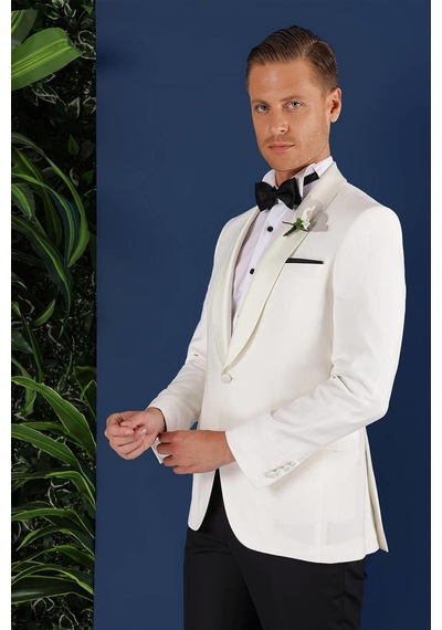 Efor Black 034 Slim Fit Saten Yaka Çift Yırtmaçlı Damatlık Ekru Smokin Ceket Ekru