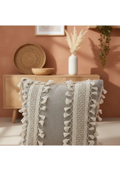 Bej Keten Kalın Dantel Ponponlu Kırlent 2 Adet Kırlent Kılıfı 43 X 43