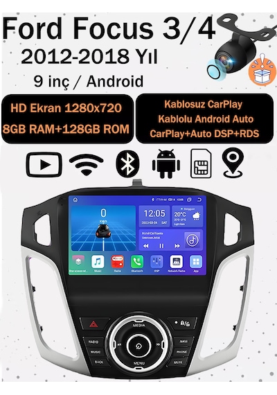 Ford Focus 3/4 2012-2018 9'' Android Multimedya 8gb Ram 128gb Hafıza Kablosuz Carplay Android Auto + Geri Görüş Kamerası Hediyeli 9"