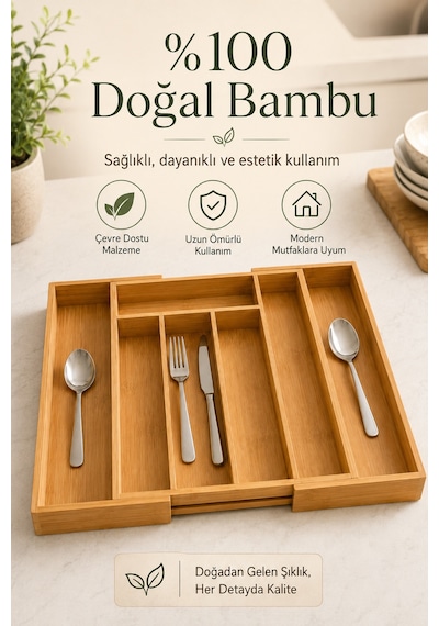 Bambu Kaşıklık Ayarlanabilir Çekmece İçi Çatal Kaşık Bıçak Düzenleyici Organizer 30-43x35 Cm Kahverengi