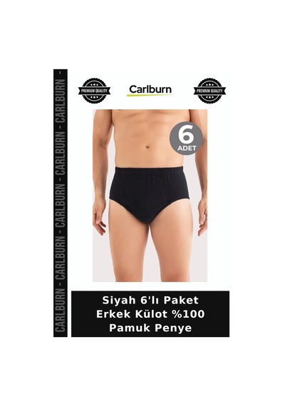 Carlburn Premium Siyah 6'lı Paket Erkek Külot %100 Pamuk Penye Basic İç Erkekler