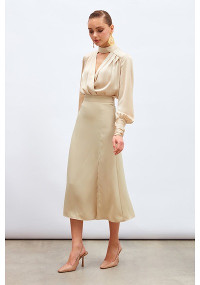 Sateen Yırtmaçlı Saten Etek - Bej