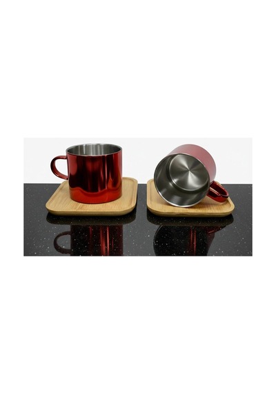 Aynalı Borosilikat Cam Türk Kahvesi Fincan Seti,kırmızı,2x125ml Bambu Tabaklı, Isıya Dayanıklı Kırmızı