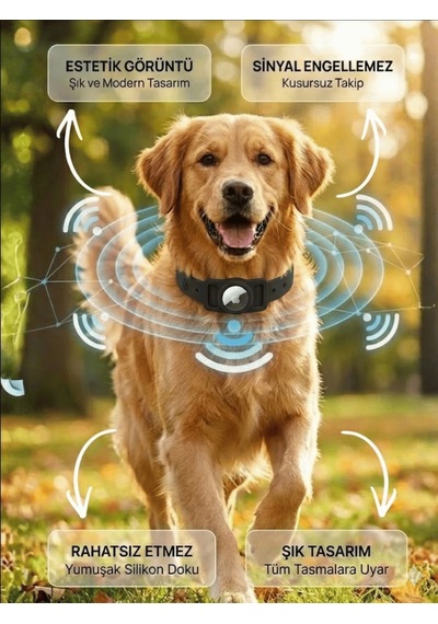 Gözcü Mobil Boş Airtag Yuvalı Kedi Köpek Tasması Evcil Hayvan Pet Takip Cihazı Silikon Yaka Kılıfı Şık Tasarım Siyah Siyah