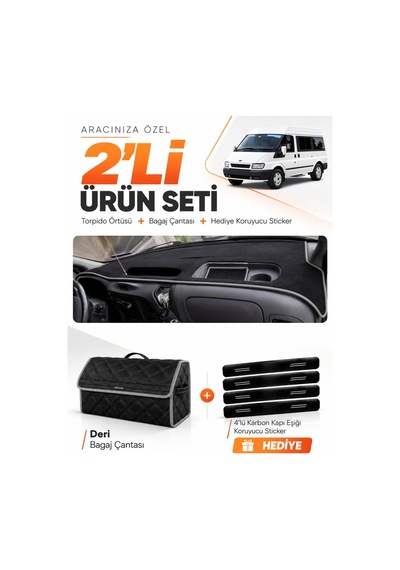 Ford Transit 2001-2006 Uyumlu Torpido Örtüsü + Deri Bagaj Çantası + Sticker Seti - Siyah Gri