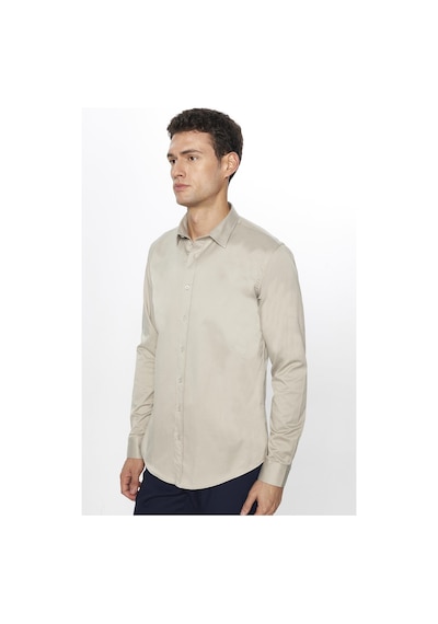 Tudors Erkek Slim Fit Dar Kesim Uzun Kollu Pamuklu Saten Taş Renk Gömlek-31395 Taş