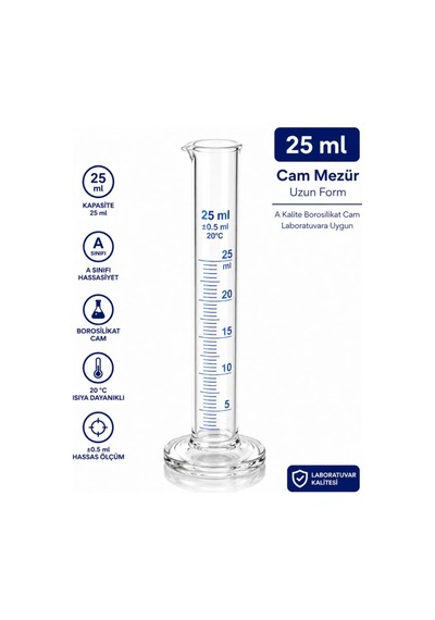 Cam Mezür Uzun Form A Kalite Borosilikat 25 ML 1 Adet
