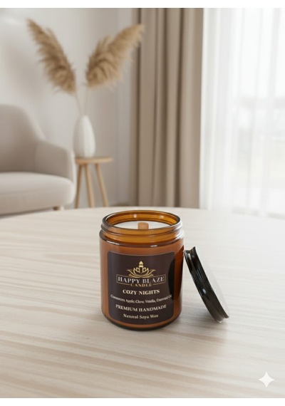 Cozy Nights Tarçın & Vanilya Kokulu El Yapımı Doğal Soya Mumu Happy Blaze Candle Amber