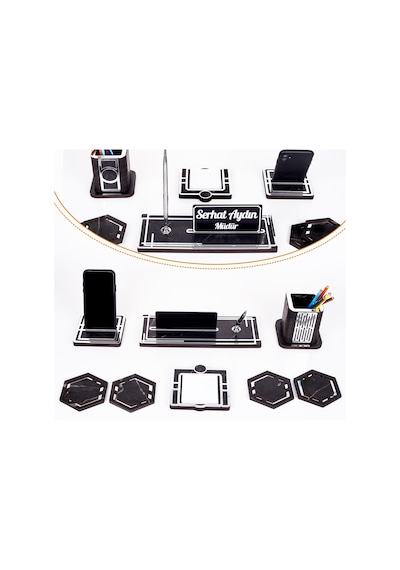 Space+Gümüş Kalemlik Ahşap Masa İsimliği Seti Mermer Desen Hediye Ofis Organizer Masa Üstü İsimlik