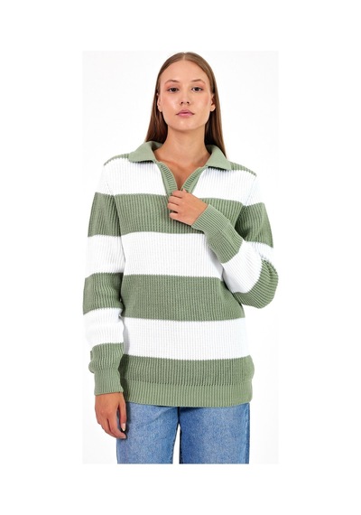 Cool Tarz Kadın Çizgili Şeritli Comfort V Polo Yaka Triko Su Yeşili SU YEŞİLİ