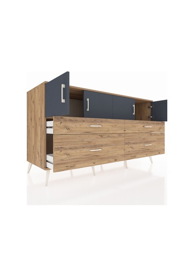 Kronos Konsol 2 Raflı 4 Çekmeceli 4 Kapaklı 176x59x99 Çam-antrasi Çam-antrasit/çam