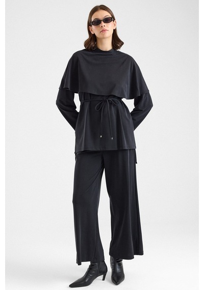 Olcay Şal Aksesuarlı Premium Kumaş Tunik Pantolon Siyah 9470-tk