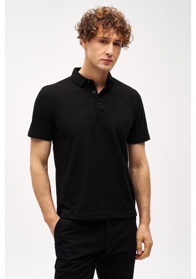 Siyah Slim Fit Dar Kalıp Fermuarlı Polo Yaka Desenli Kısa Kollu Tişört-16401 Siyah
