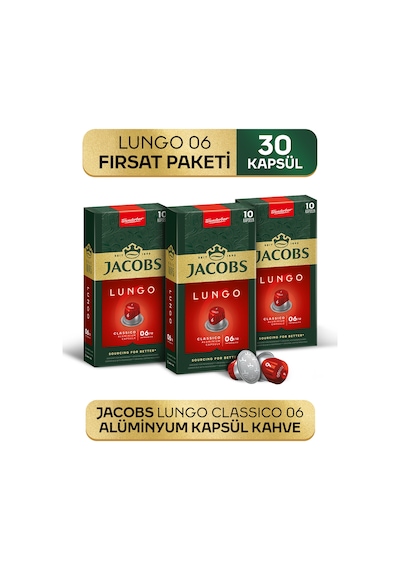 Jacobs Lungo 6 Classic Nespresso Uyumlu Alüminyum Kapsül Kahve 3 Paket x 10 Adet