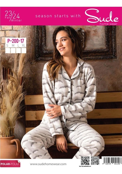 Sude Kadın Gömlek Önden Düğmeli Polar Desenli Pijama Takımı P200/17 - 1 Adet 001