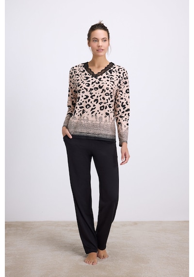 Man11540-1002 Anil Ev Giyim Anıl Kadın Uzun Kollu Dantelli Yaka Leopar Desenli T-shirt Ve Pantolon Pijama Takımı 11540 Siyah