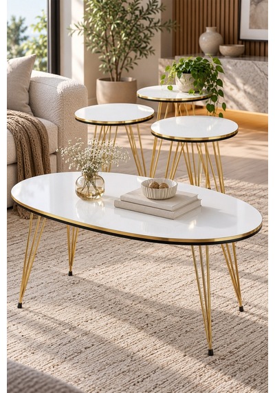 Sulorahome Gold Tel Ayaklı Beyaz 4'lü Sehpa Seti Beyaz - Altın