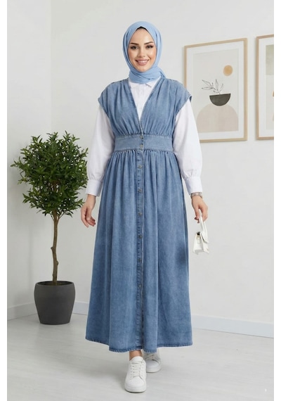 Hb Harma Time Butik Kadın V Yaka Düğmeli Açık Kot Mavi Jile Açık Mavi Açık Mavi