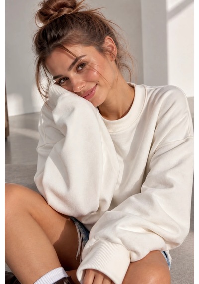 Bb Butik Basic 3 İplik Oversize Salaş Basic Sweatshirt Bisiklet Yaka My3535 beyaz