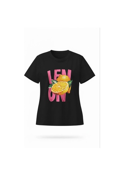 Kadın Siyah Limon Baskılı Pamuk T-shirt Siyah