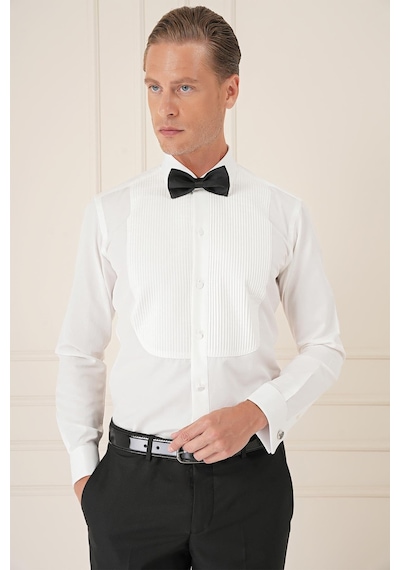 Efor Slim Fit Duble Manşet Klasik Yaka Piliseli Beyaz Damatlık Smokin Gömlek Gk 732 Krem