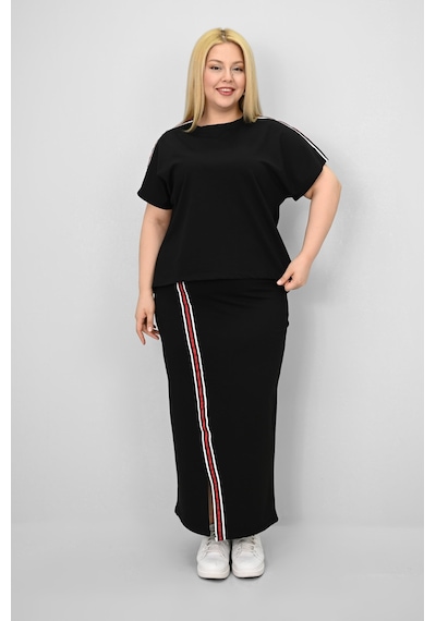 Koza Butik Kadın Büyük Beden Kısa Kollu Şeritli Etek Takım 8204-25 Siyah