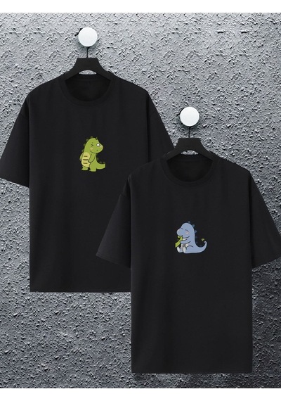Unisex Kadın Erkek Dinozor Sevgili Baskılı Sevgili Çift Kombini Tasarım Oversize Tshirt 2'li Siyah Mck2489 Siyah