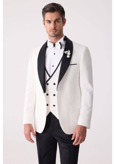 Ysf Erkek Krem Slim Fit Şal Yaka Damatlık