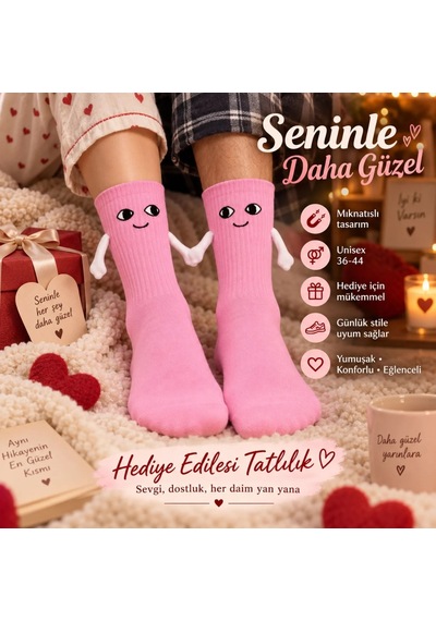 Womanandkids Wak Mıknatıslı El Ele 2'li Unisex Tutuşan Sevimli Çorap 36-44 Çift Hediyesi, Pamuklu Renkli Crew M Pembe