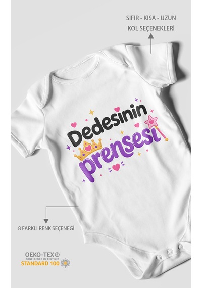 Morivokids Dedesinin Prensesi Kısa Kollu Bebek Body %100 Pamuk Beyaz