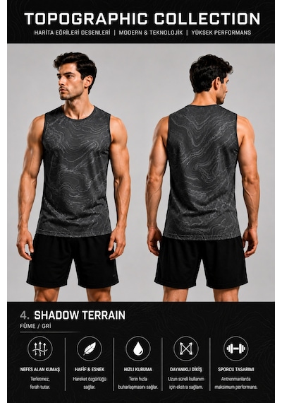 Beydex Erkek Nem Emici Hızlı Kuruma Topographic Collection Sporcu Sıfır Kol T-shirt Gym Gri