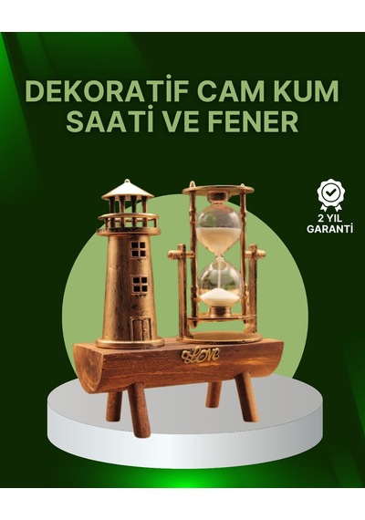 Vintage Kum Saati + Deniz Feneri Modeli - Ahşap Gövdeli Masa Üstü Dekor