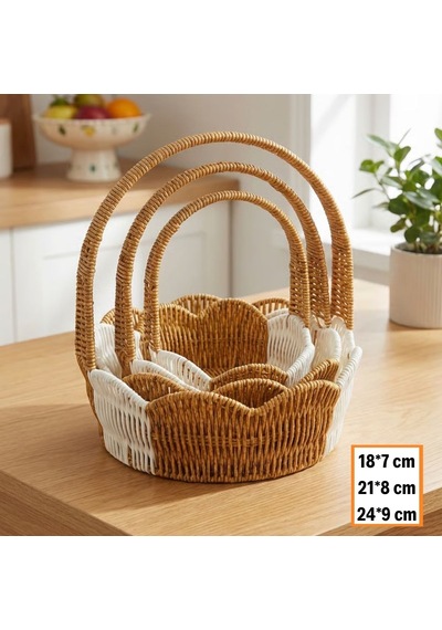Buffer İç İçe Geçebilen 3 Lü Çift Renkli Yuvarlak Dalgalı Formlu Saplı Plastik Rattan Sepet Seti Hasır Görünümlü Çok Kahverengi