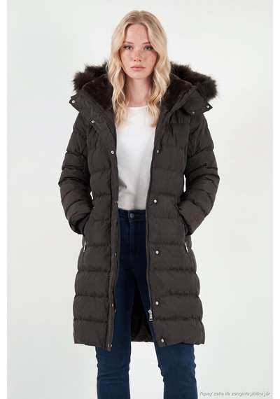 Lela Regular Fit Çıkarılabilir Kapüşonlu Fermuarlı Cepli Şişme Mont Kadın Mont 497emily Kahve