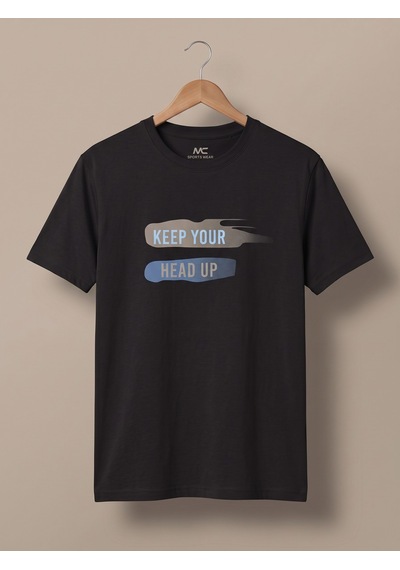 Maccali Erkek Siyah Keep Your Head Up Baskılı Bisiklet Yaka Bol Kesim Tişört
