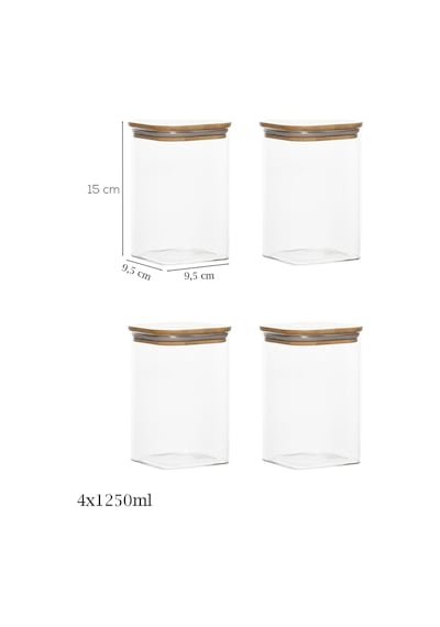 Porsima 6-4 Bambu Vakumlu Kapaklı Kare Borsilikat Cam 4lü Kavanoz Seti Saklama Kabı 1250ml 9,5x15cm