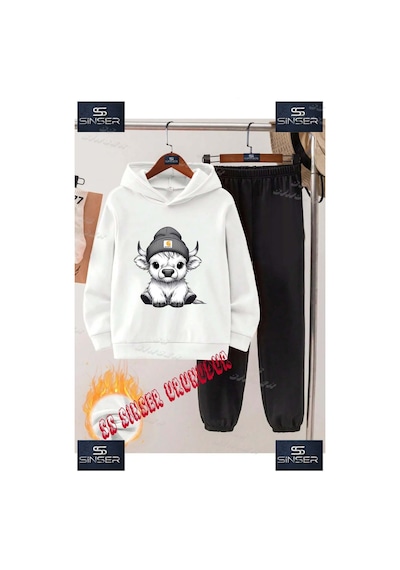 Ss Sinser Çocuk Unısex "ınek Sevımlı Berelı" Özel Baskılı Kapşolu Eşofman Takımı Beyaz - Siyah