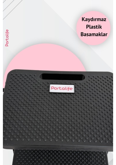 Portalife 2 Basamaklı Uzun Tutacaklı Şık Beyaz Çelik Merdiven - Katlanır 100 Cm'ye Kadar