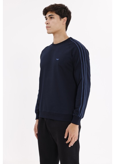 Rowinger Çift Şeritli Raglan Kol Minimal Logolu Bisiklet Yaka Sweatshirt Navyblue